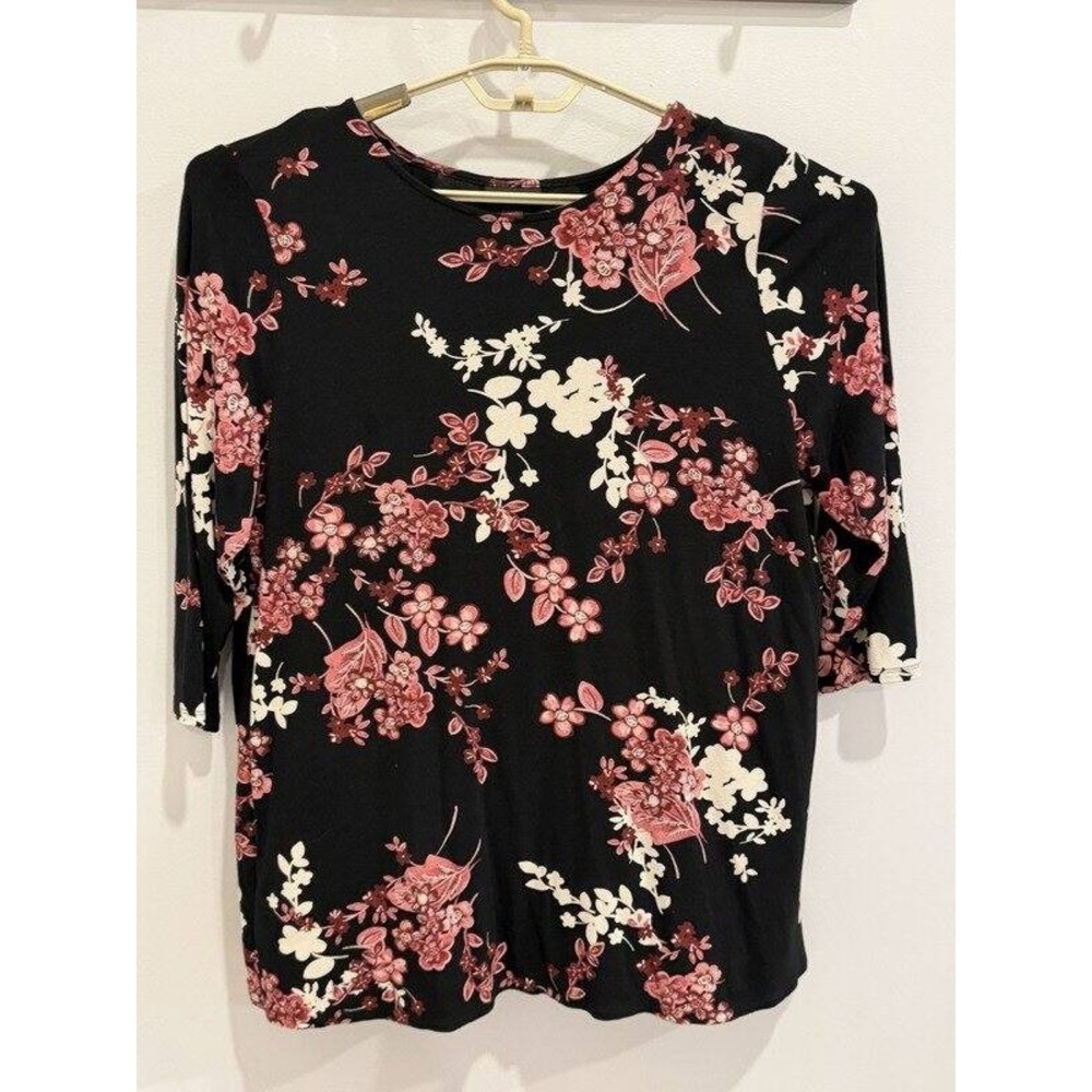 J Jill Wearever Collection Black Pink Floral 3/4 Sleeve Pleat Back L‎ Petite